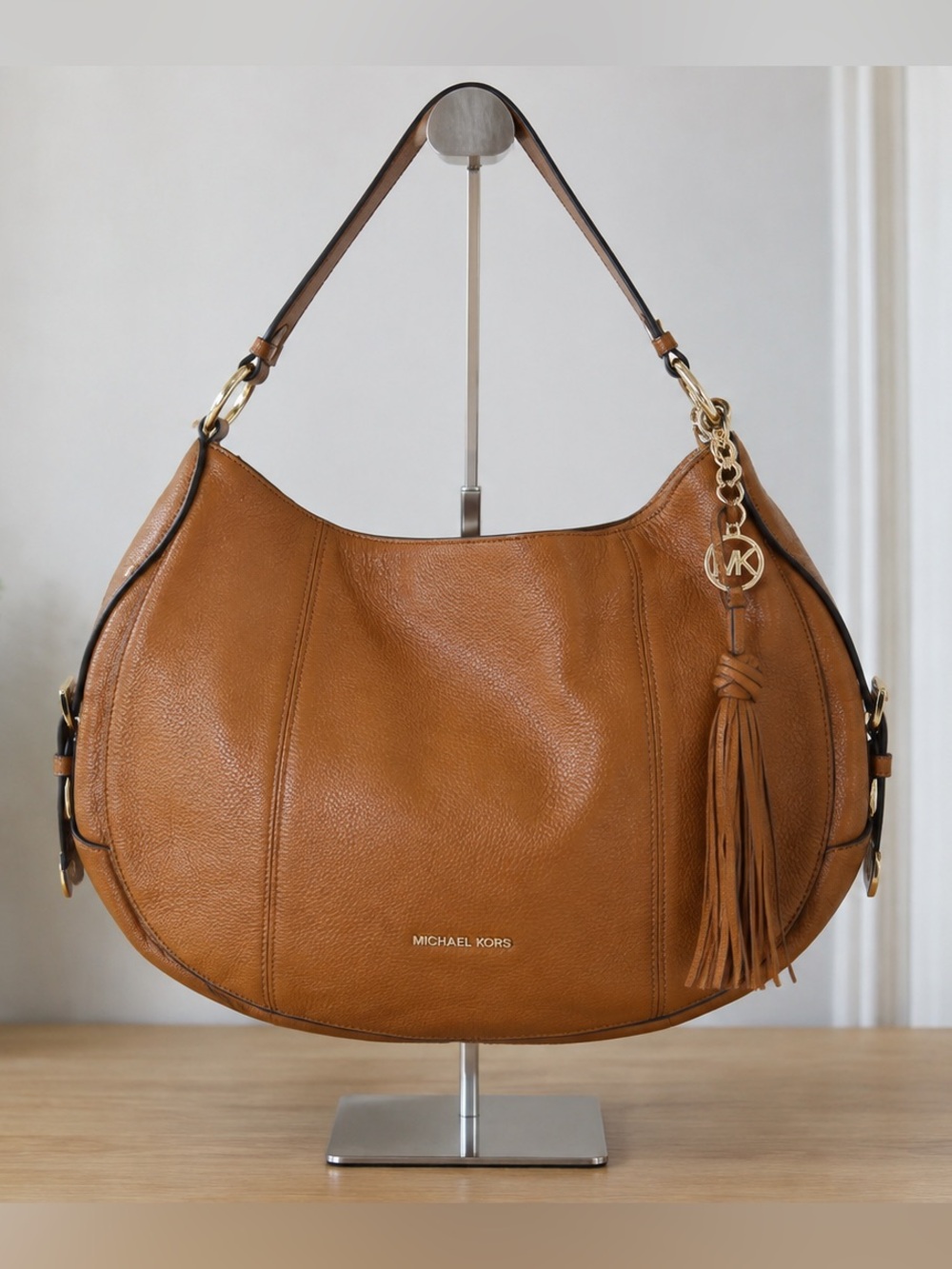 Michael Kors Brooke Large Hobo Bag Luggage Brown Pebbled Leather Tassel